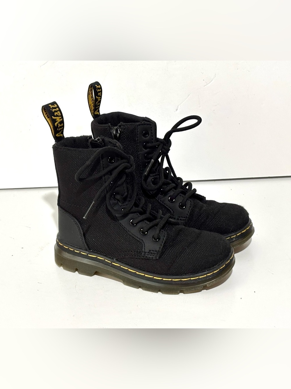 Dr. Martens Black Youth Canvas Lace-Up Ankle Boots with Yellow Stitching